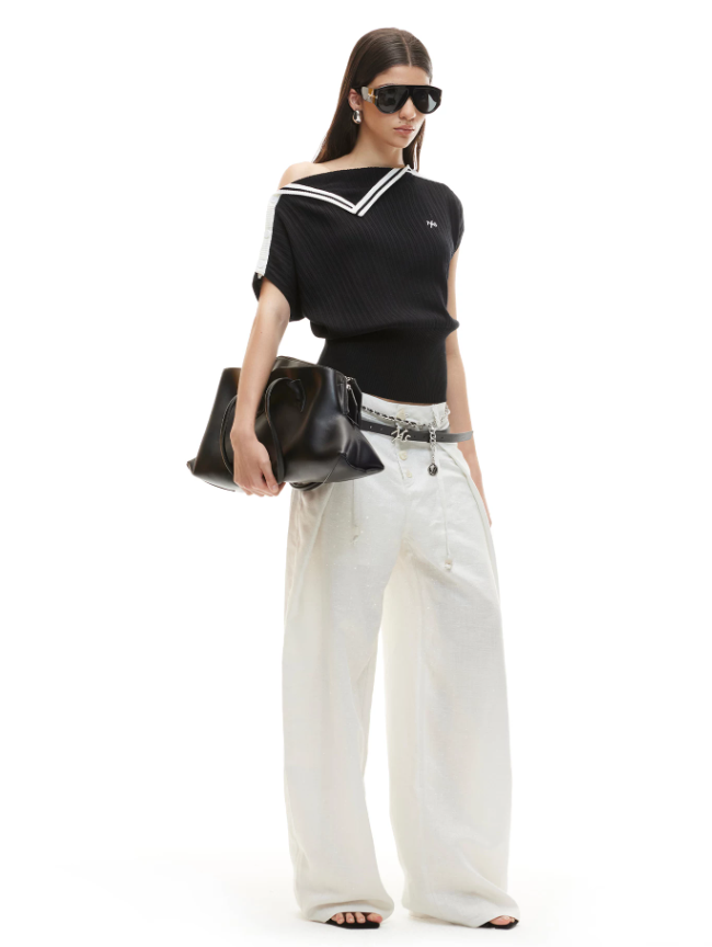 NAWS NAW-T074026 Contrast-Trim Asymmetric Off-Shoulder Striped Top