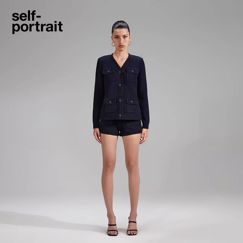 Self-Portrait NAVY BLUE V NECK CARDIGAN