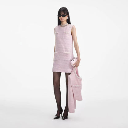 Self-Portrait PINK BOUCLE PEARL TRIM MINI DRESS