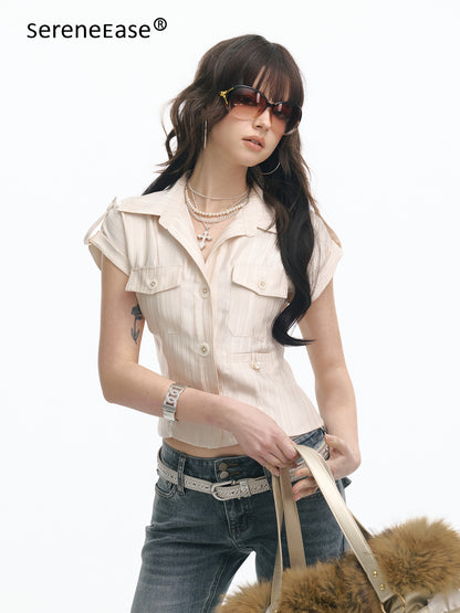 Serene Ease Glossy satin waist cinching short sleeved shirt