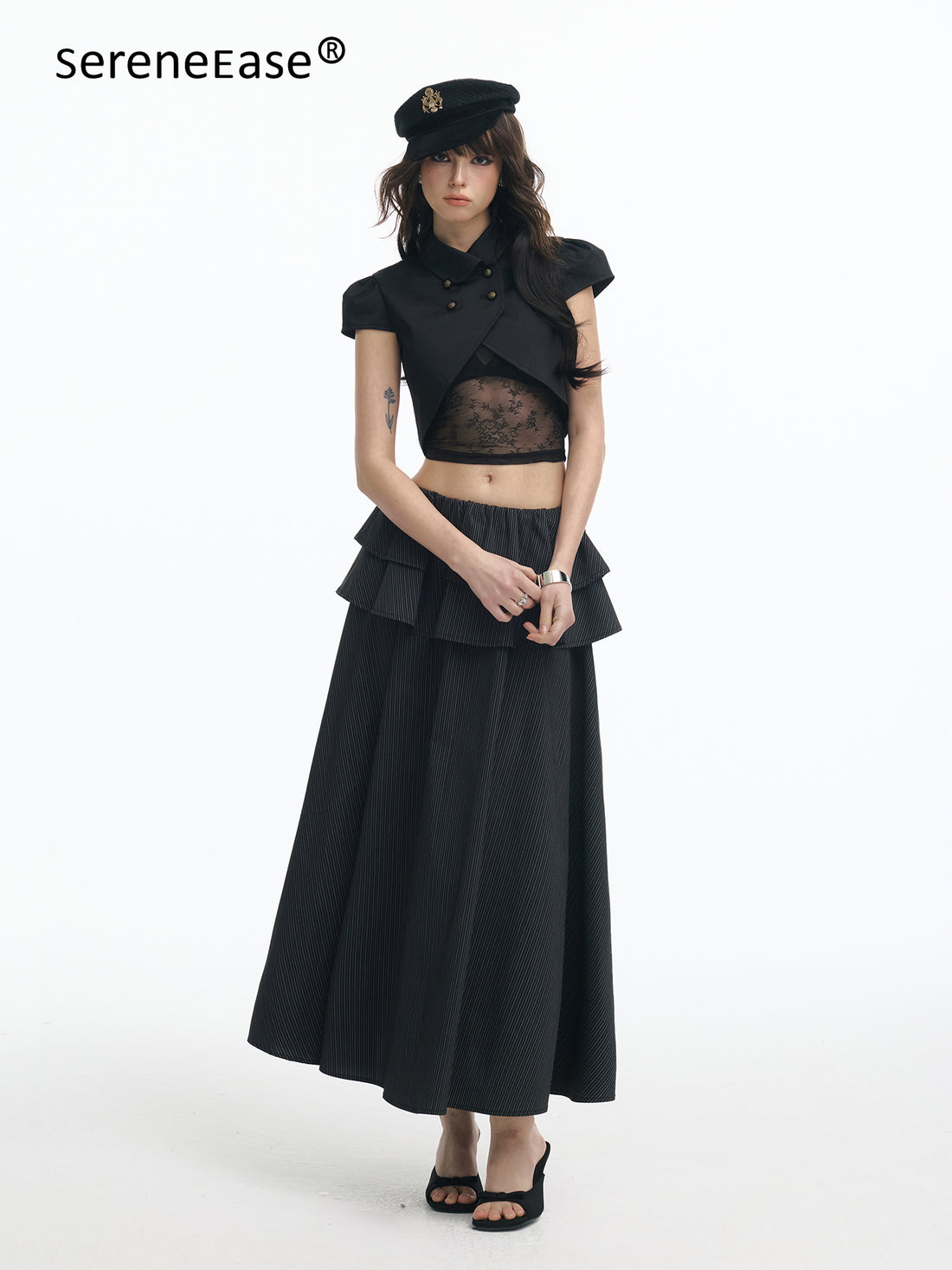 Serene Ease Lace hollow-out puffed sleeve top + skirt