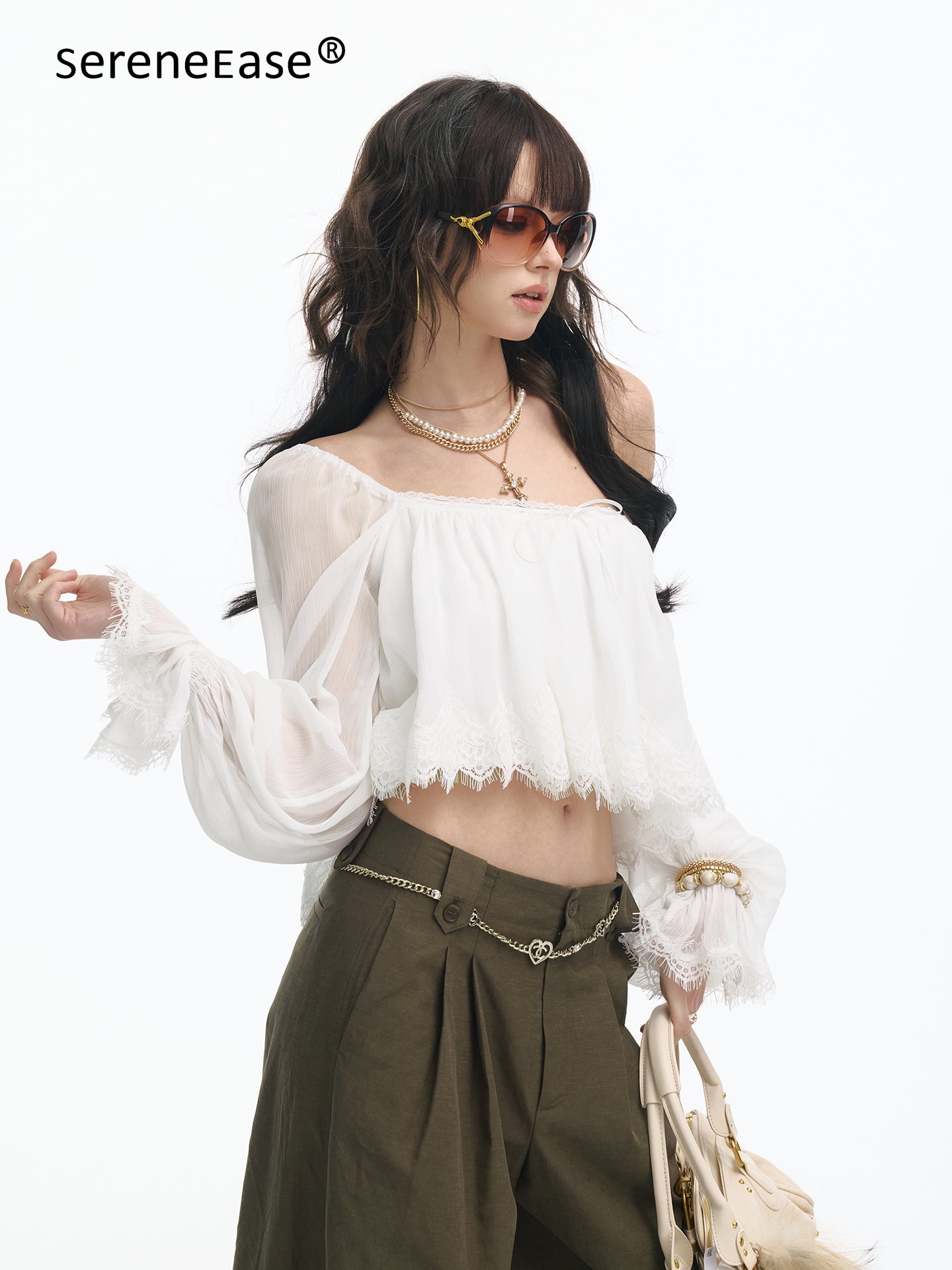Serene Ease Off shoulder lace patchwork top