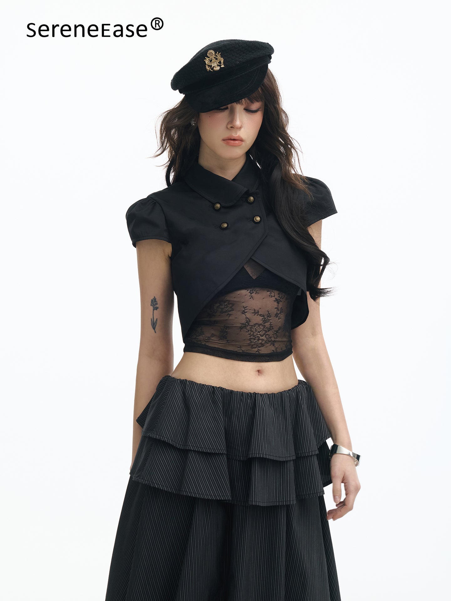 Serene Ease Lace hollow-out puffed sleeve top + skirt