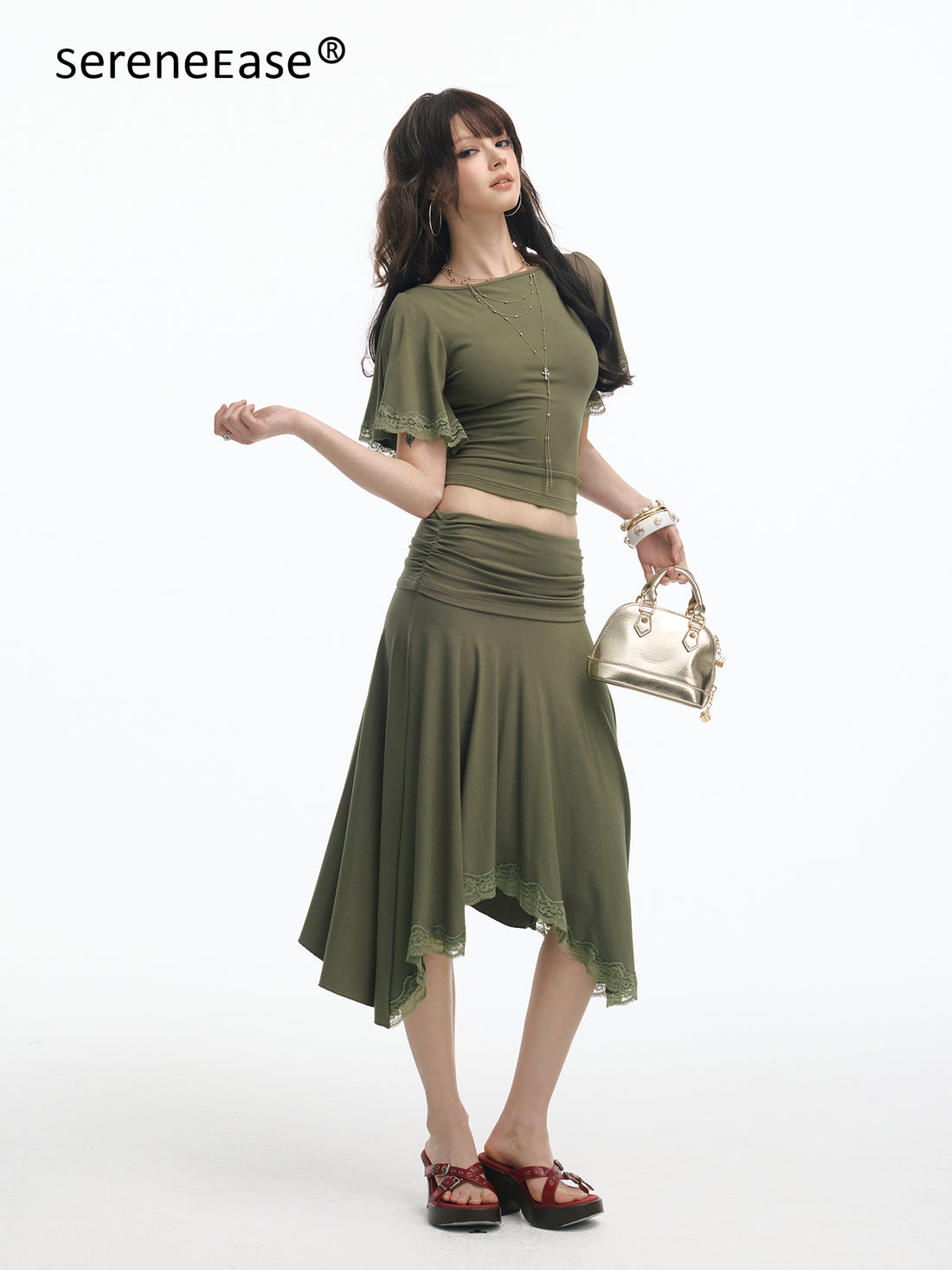 Serene Ease Vintage green lace slim fit top + skirt set