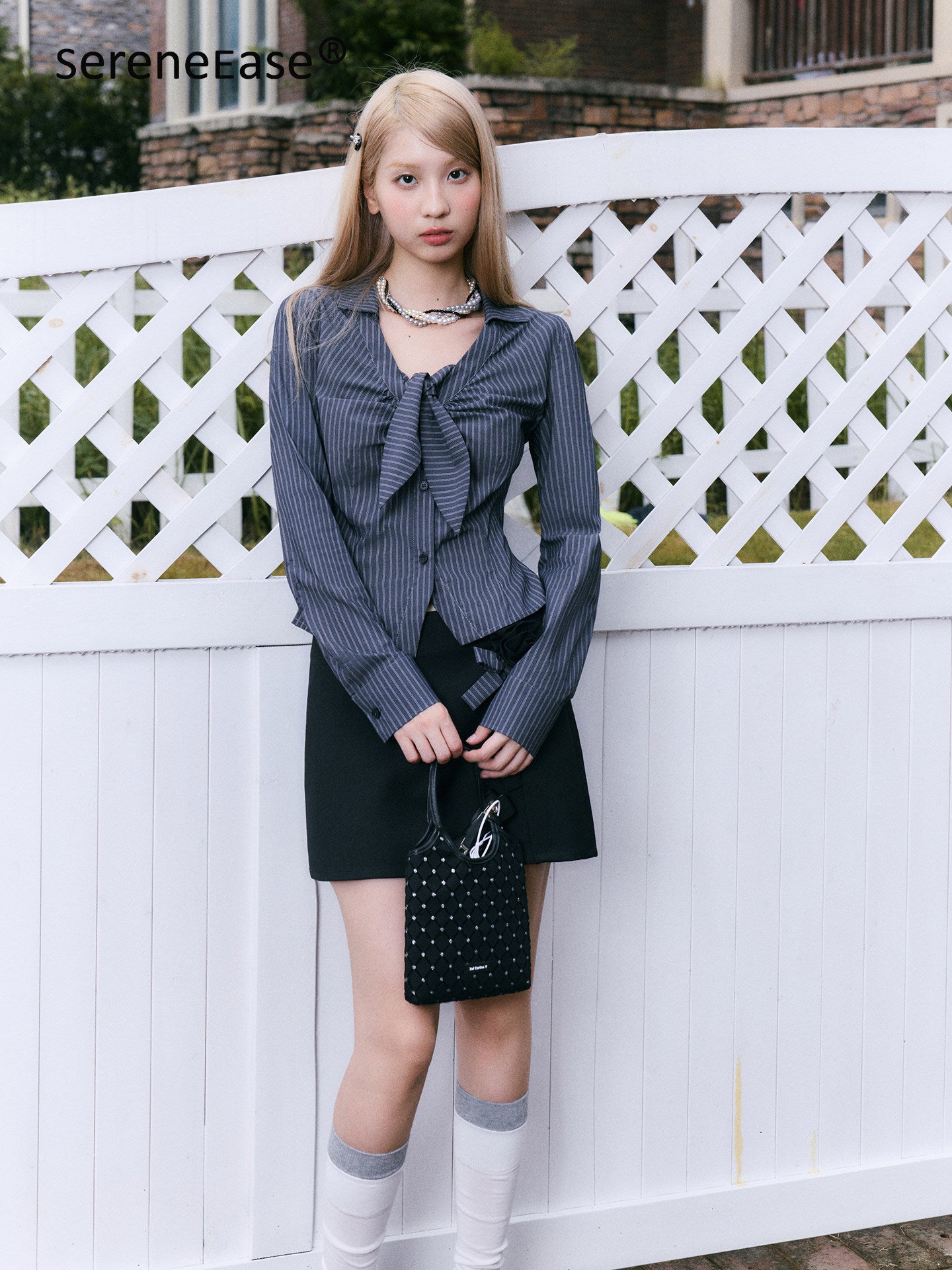 Serene Ease Rose striped shirt + skirt set