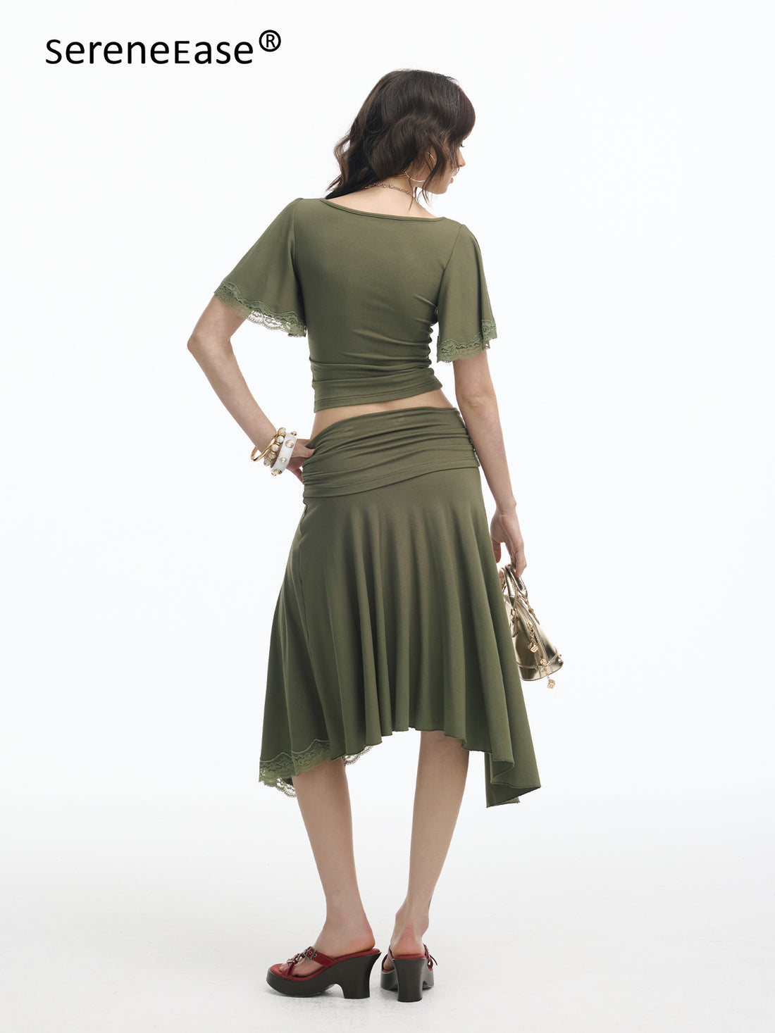 Serene Ease Vintage green lace slim fit top + skirt set