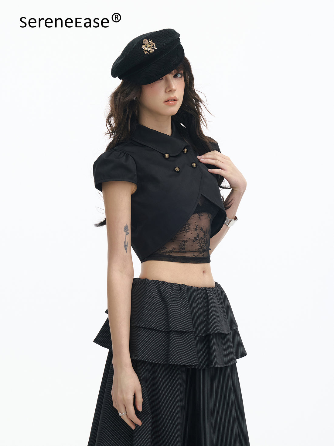 Serene Ease Lace hollow-out puffed sleeve top + skirt
