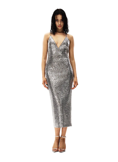 Taglioni Sequins V-Neck Fitted Dress