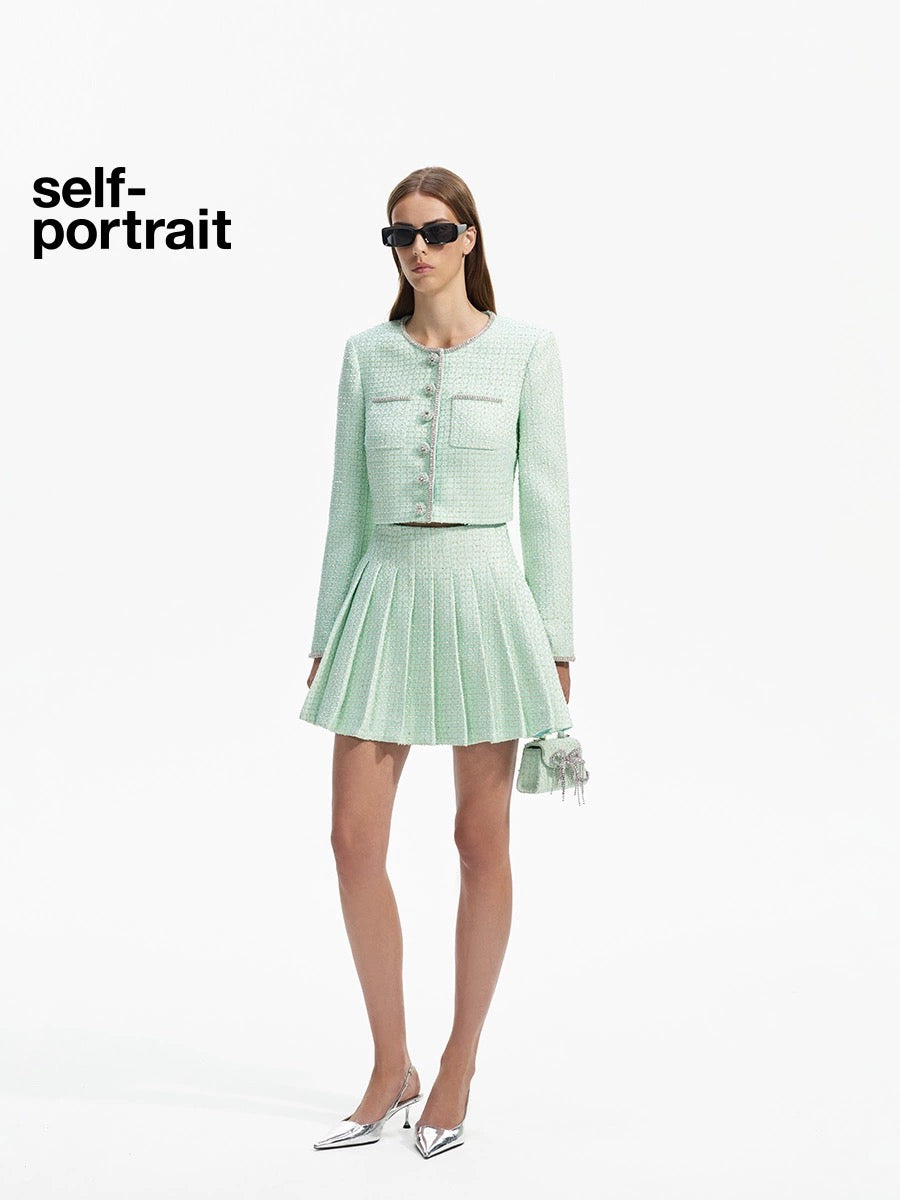 Self-Portrait mint green woven tweed skirt