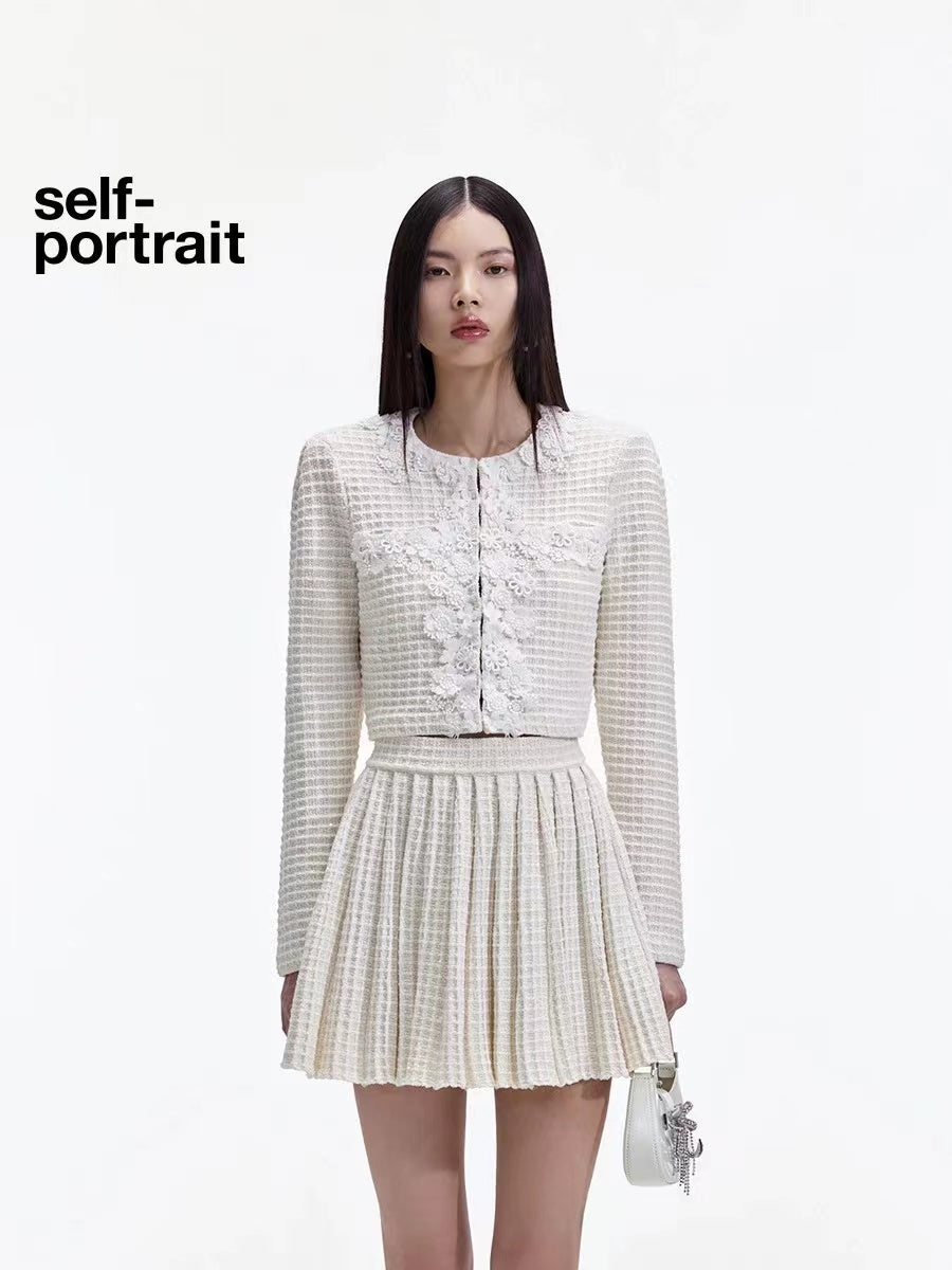 Self-Portrait ivory waffle-knit cardigan