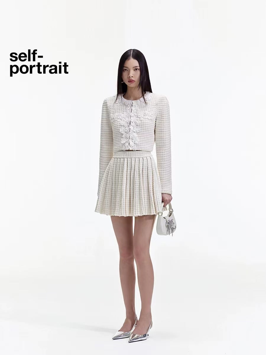 Self-Portrait ivory waffle-knit cardigan