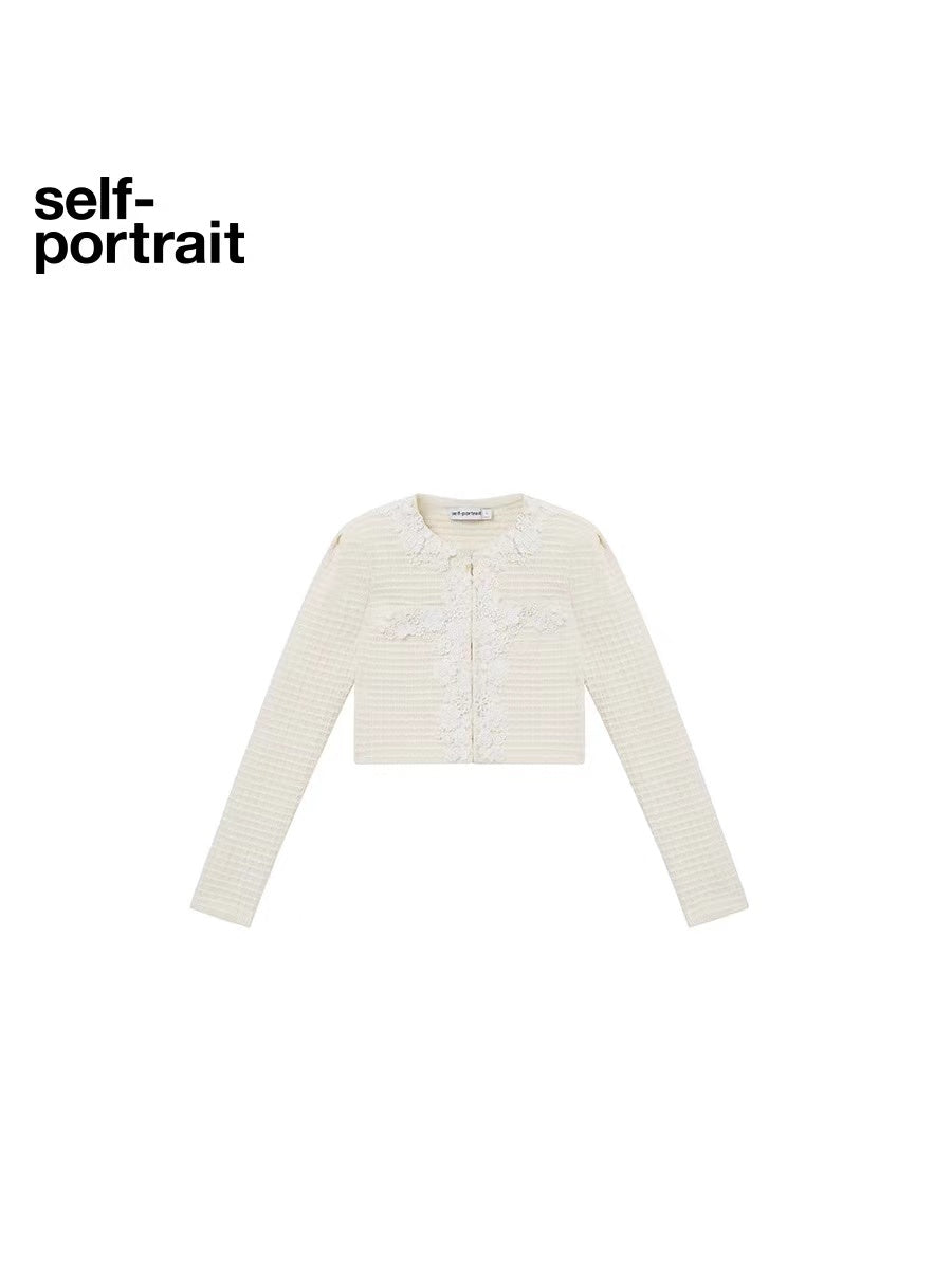 Self-Portrait ivory waffle-knit cardigan