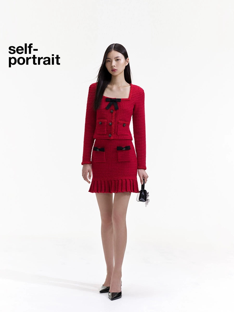 Self-Portrait Bow-Knot Square Neck Knitted Cardigan