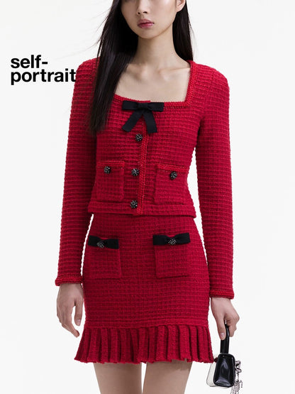 Self-Portrait Bow-Knot Square Neck Knitted Cardigan