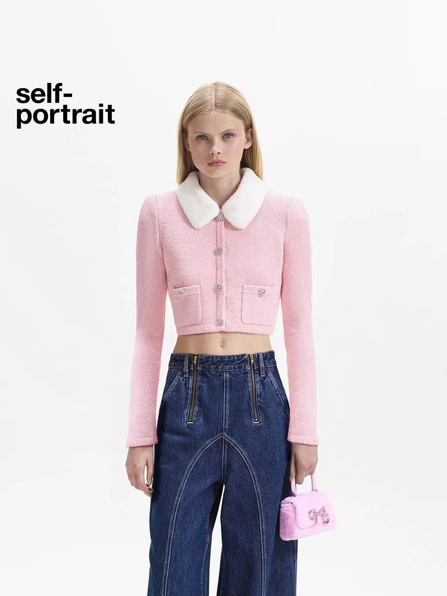 Self-Portrait Pink Faux Fur Collar Cardigan