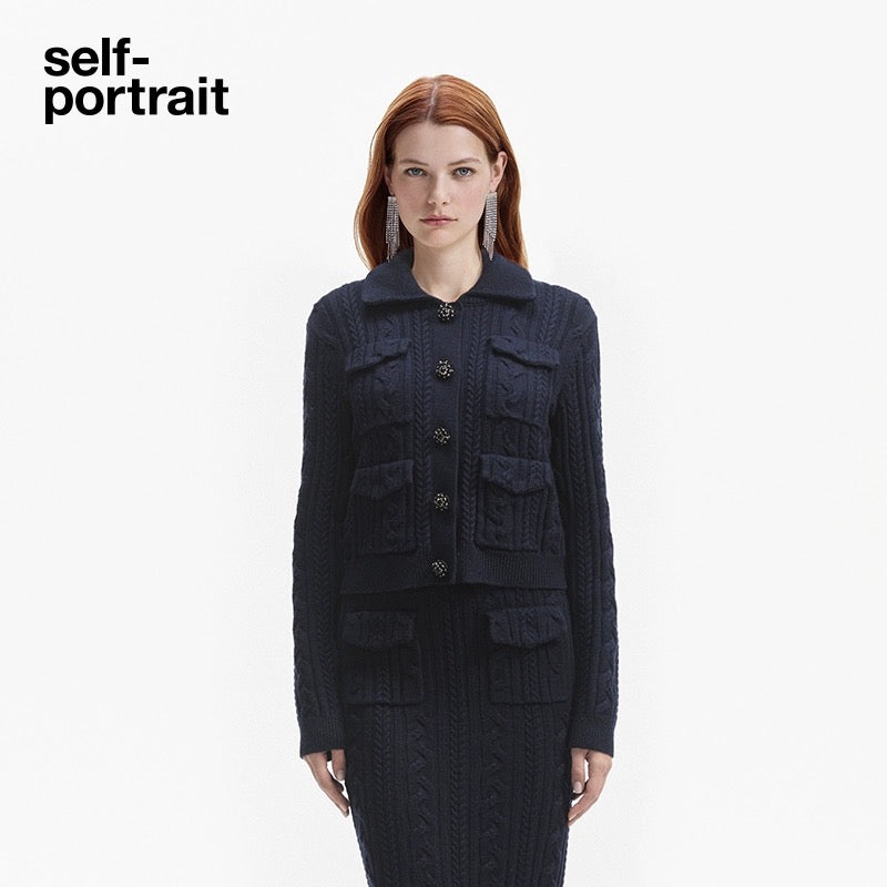 Self-Portrait Navy Blue Twisted Flower Knitted Set (SEPARATE)