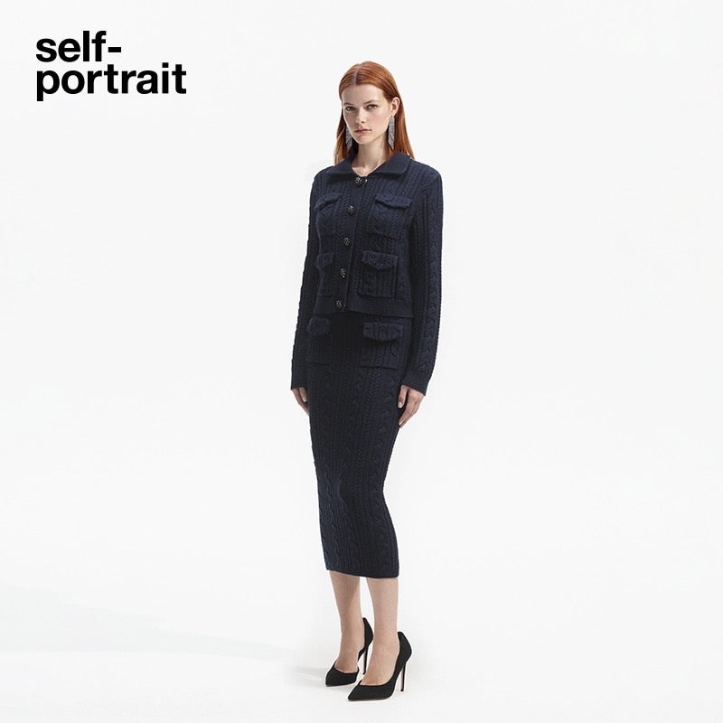 Self-Portrait Navy Blue Twisted Flower Knitted Set (SEPARATE)