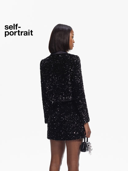 Self-Portrait Sequined Knit Satin Blazer