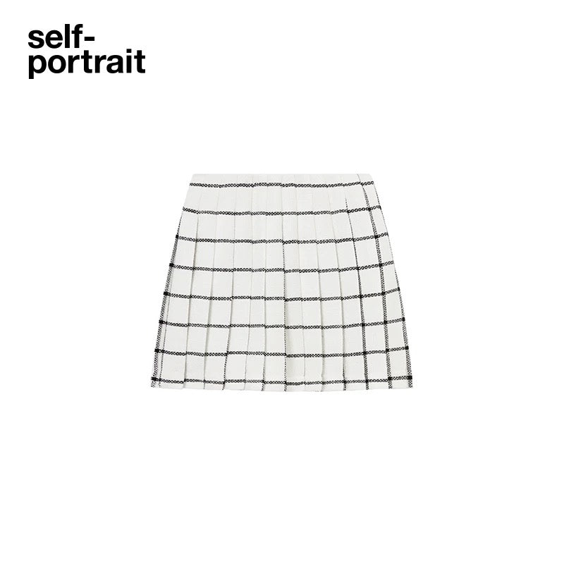 Self-Portrait White Checkered Pleated Tweed Skirt