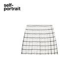 Self-Portrait White Checkered Pleated Tweed Skirt