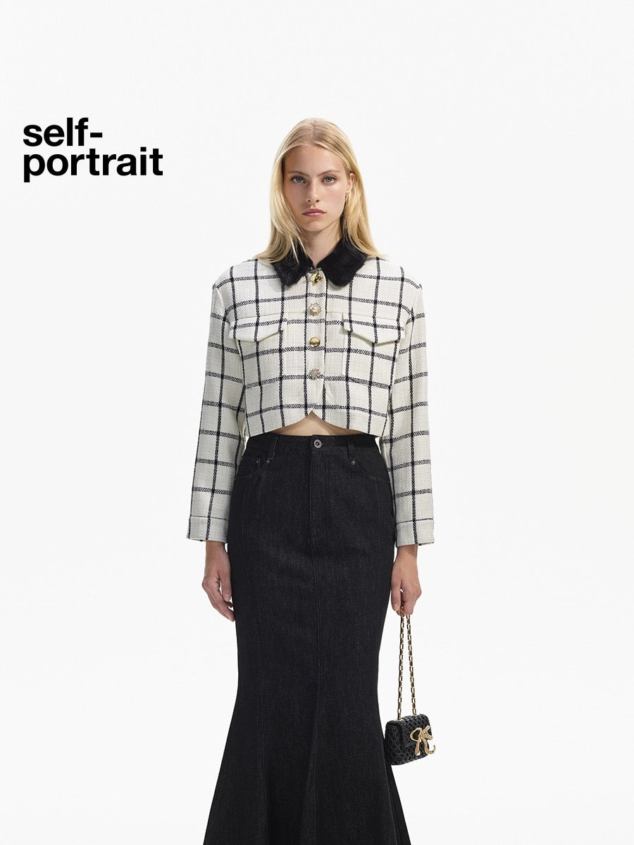 Self-Portrait White Checkered Plaid Tweed Cardigan