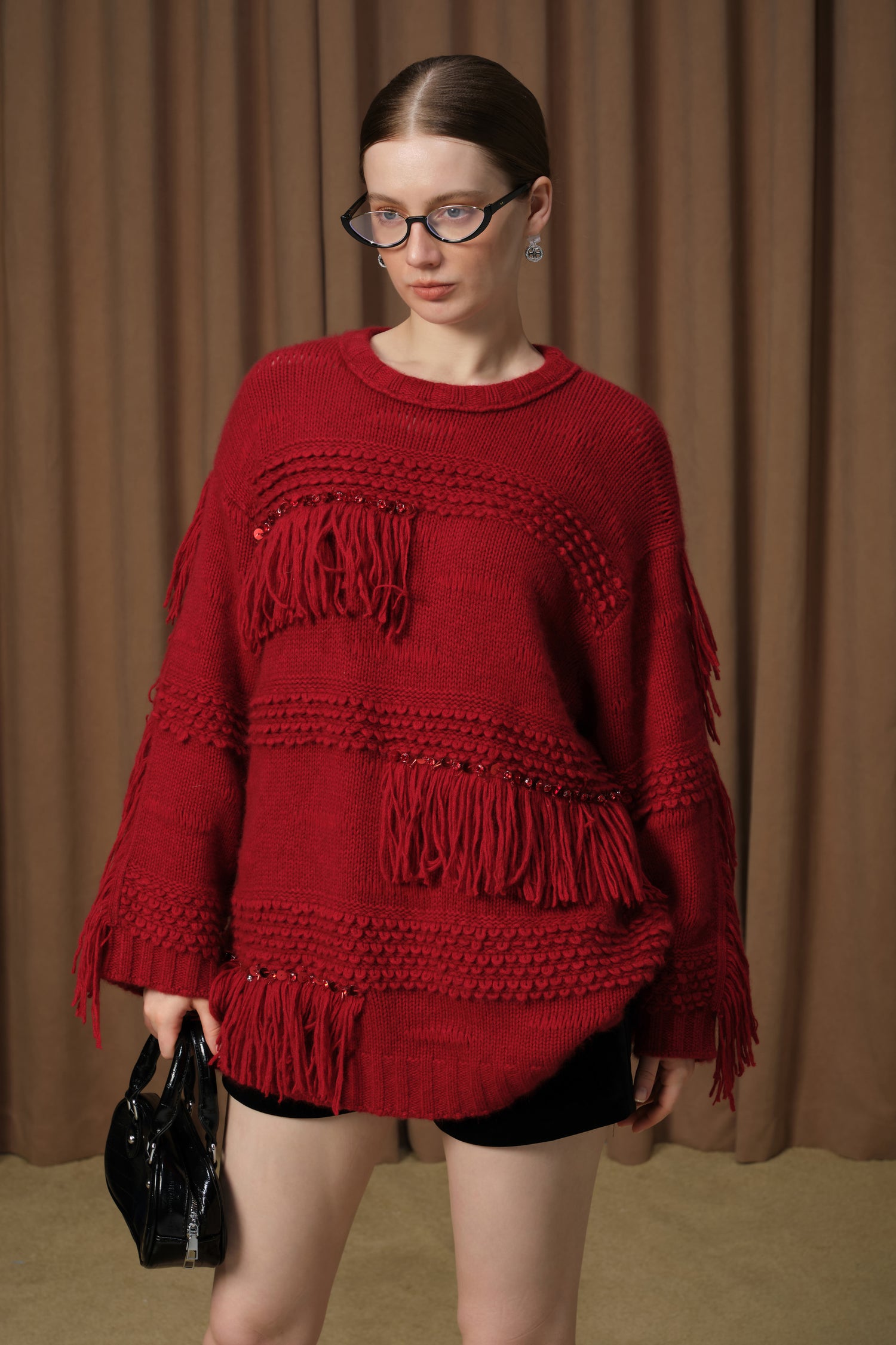 DIANA VEVINA D42W06ZY267A red tassel pullover sweater