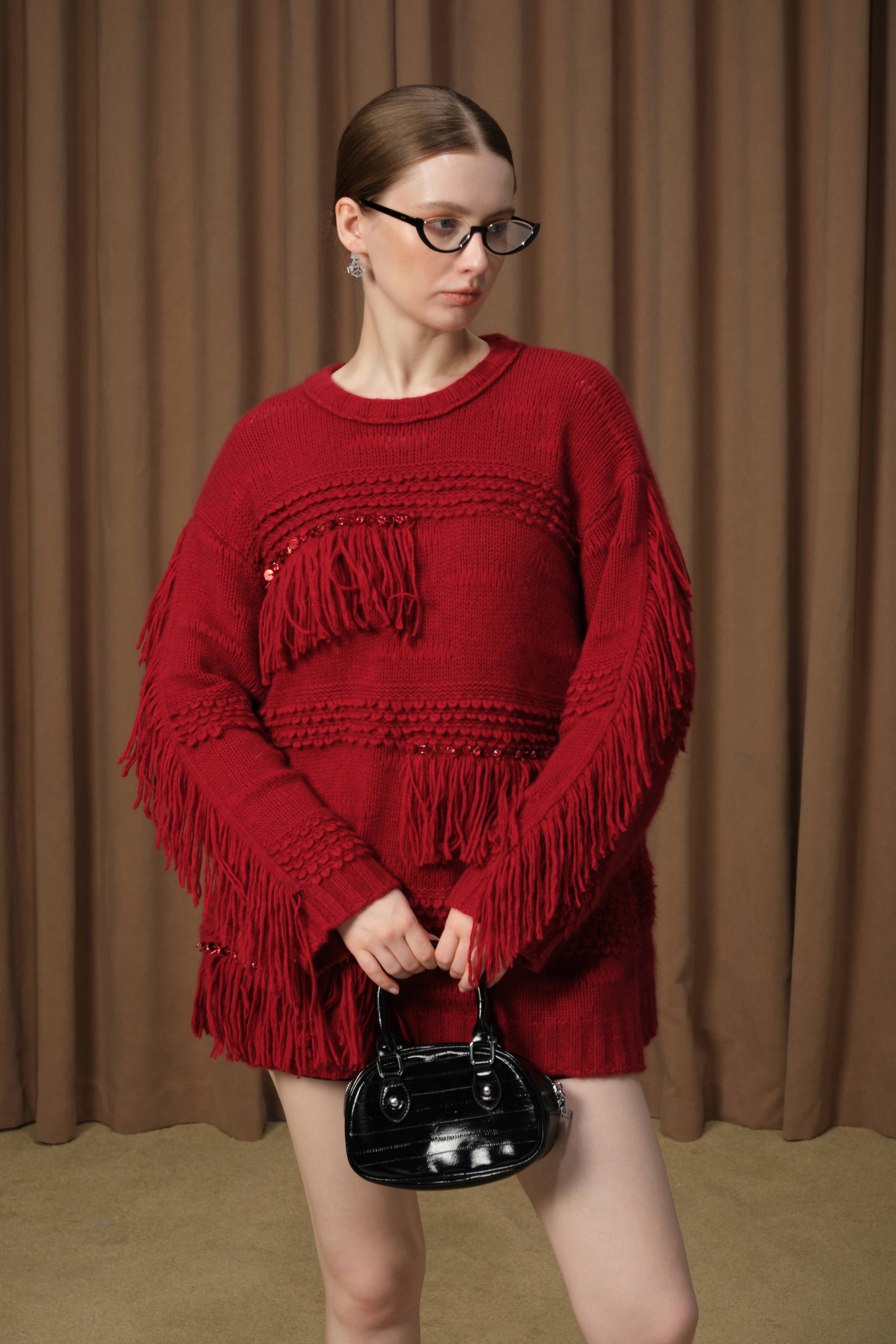 DIANA VEVINA D42W06ZY267A red tassel pullover sweater