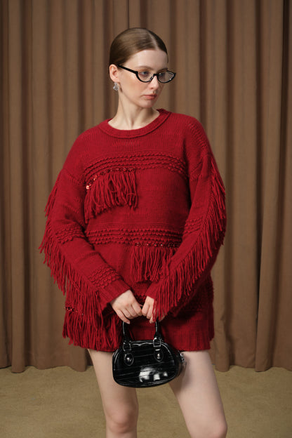 DIANA VEVINA D42W06ZY267A red tassel pullover sweater