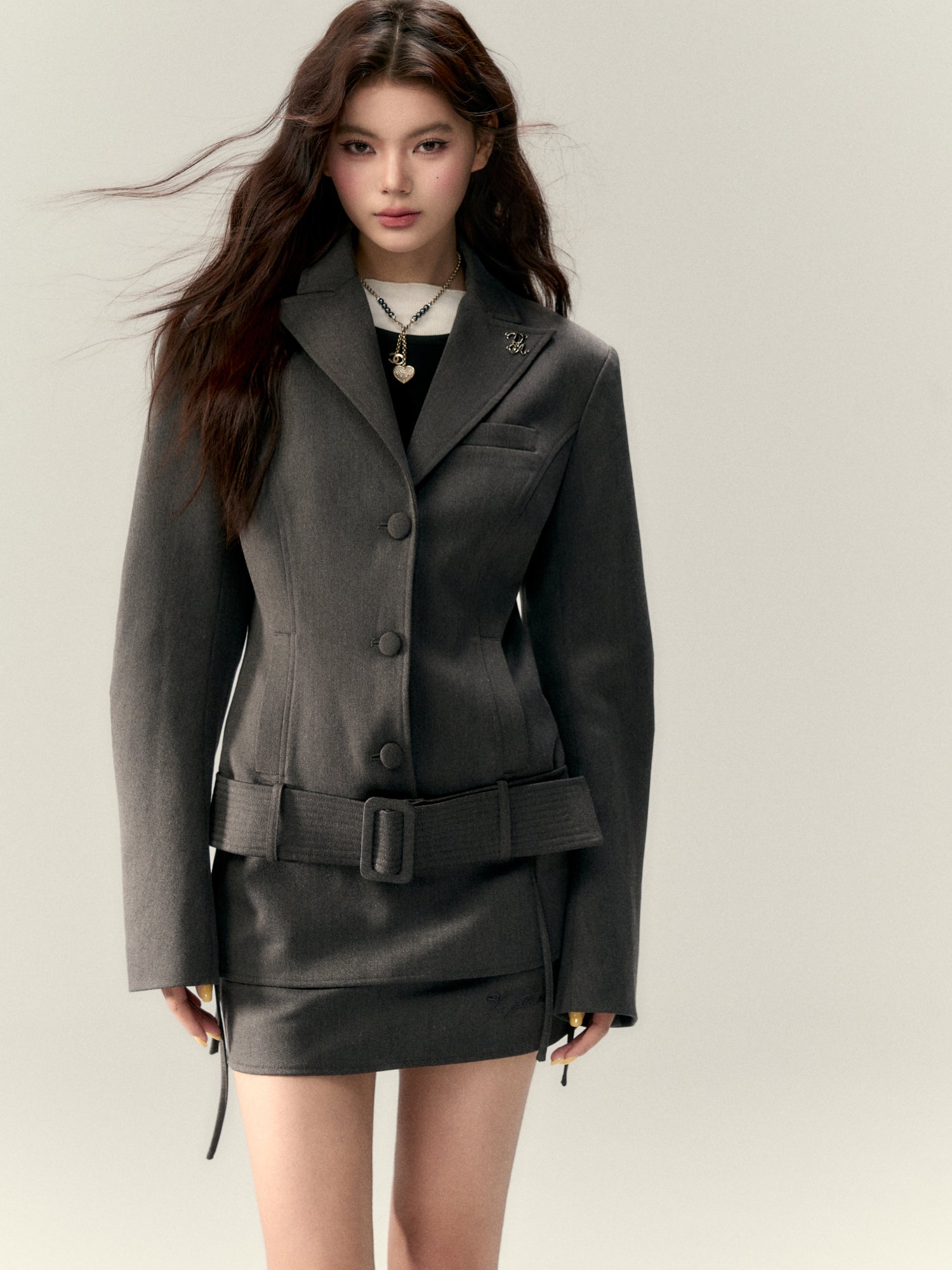 VIA PITTI V25AC030 Wide waist jacket + skirt suit(2color)