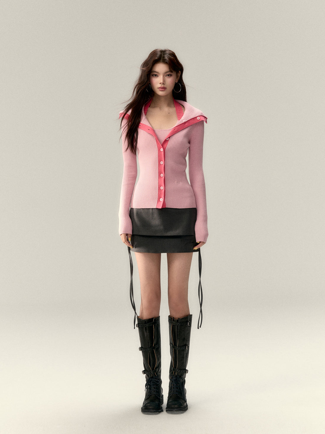 VIA PITTI V25AK090+V25AK091 Large collar wool knit cardigan + color contrast halter vest(2color)