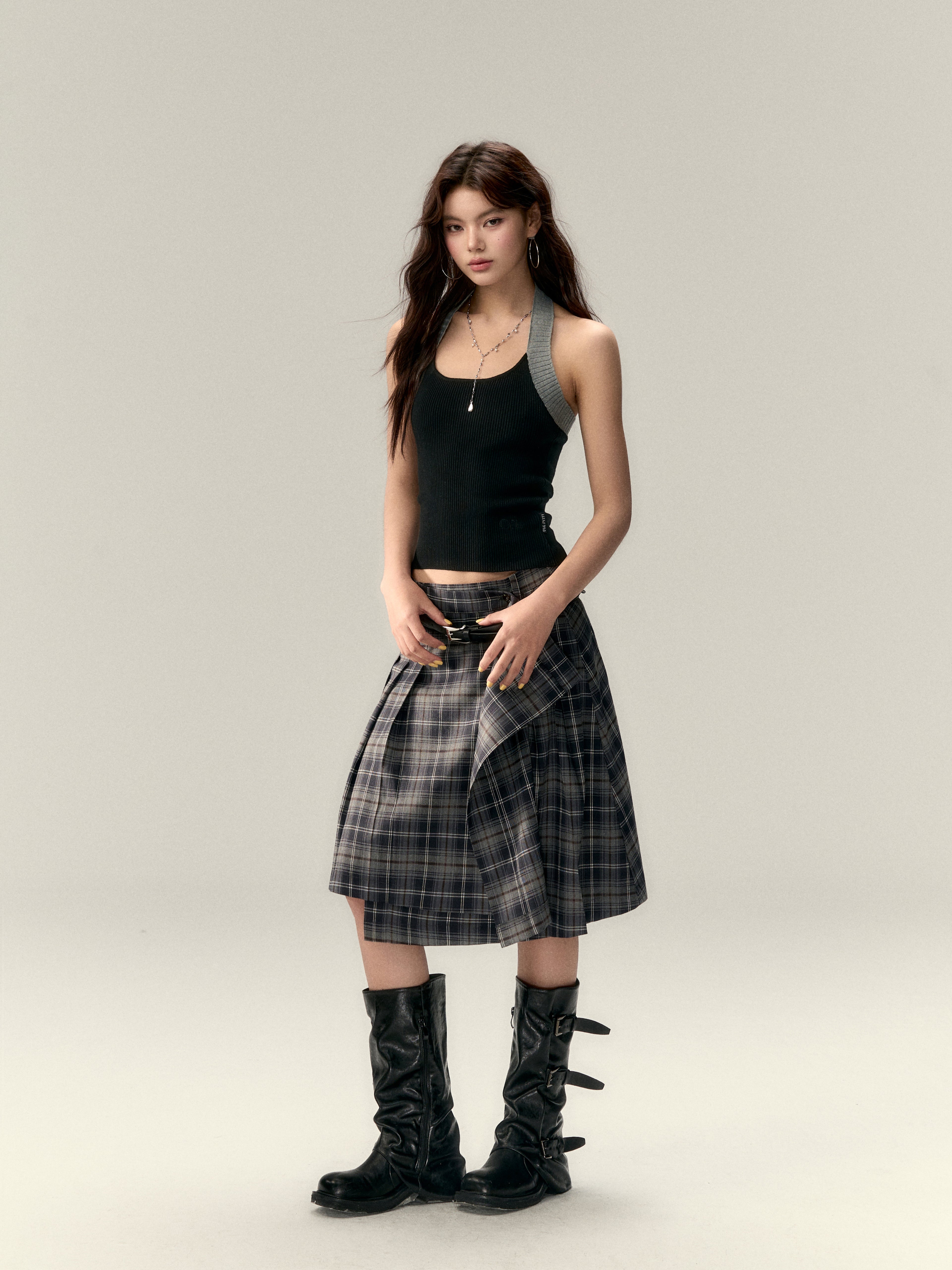 VIA PITTI V25AS010 Irregular plaid skirt