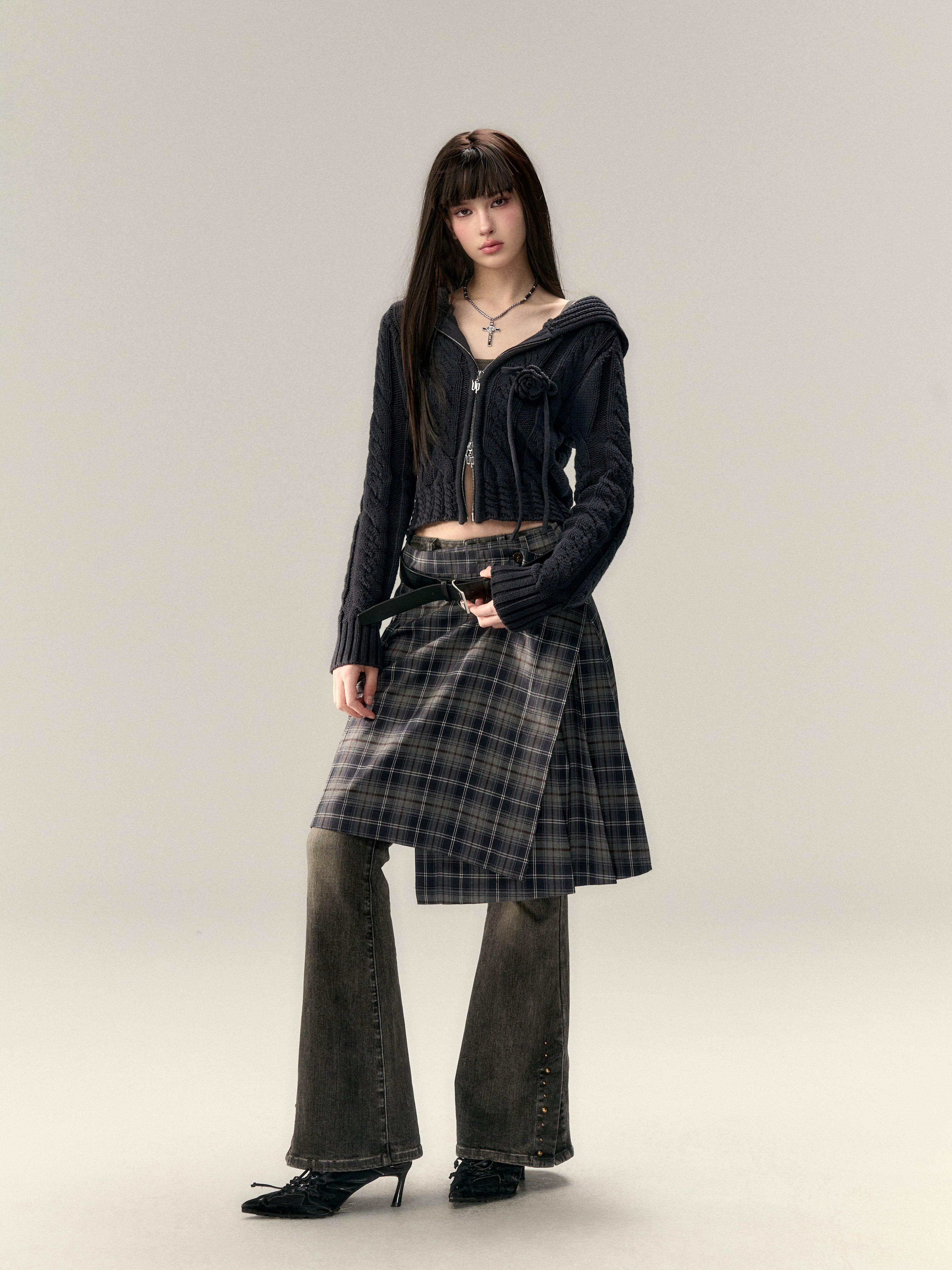 VIA PITTI V25AK087 Hat wool cardigan + button wool skirt suit(2color)