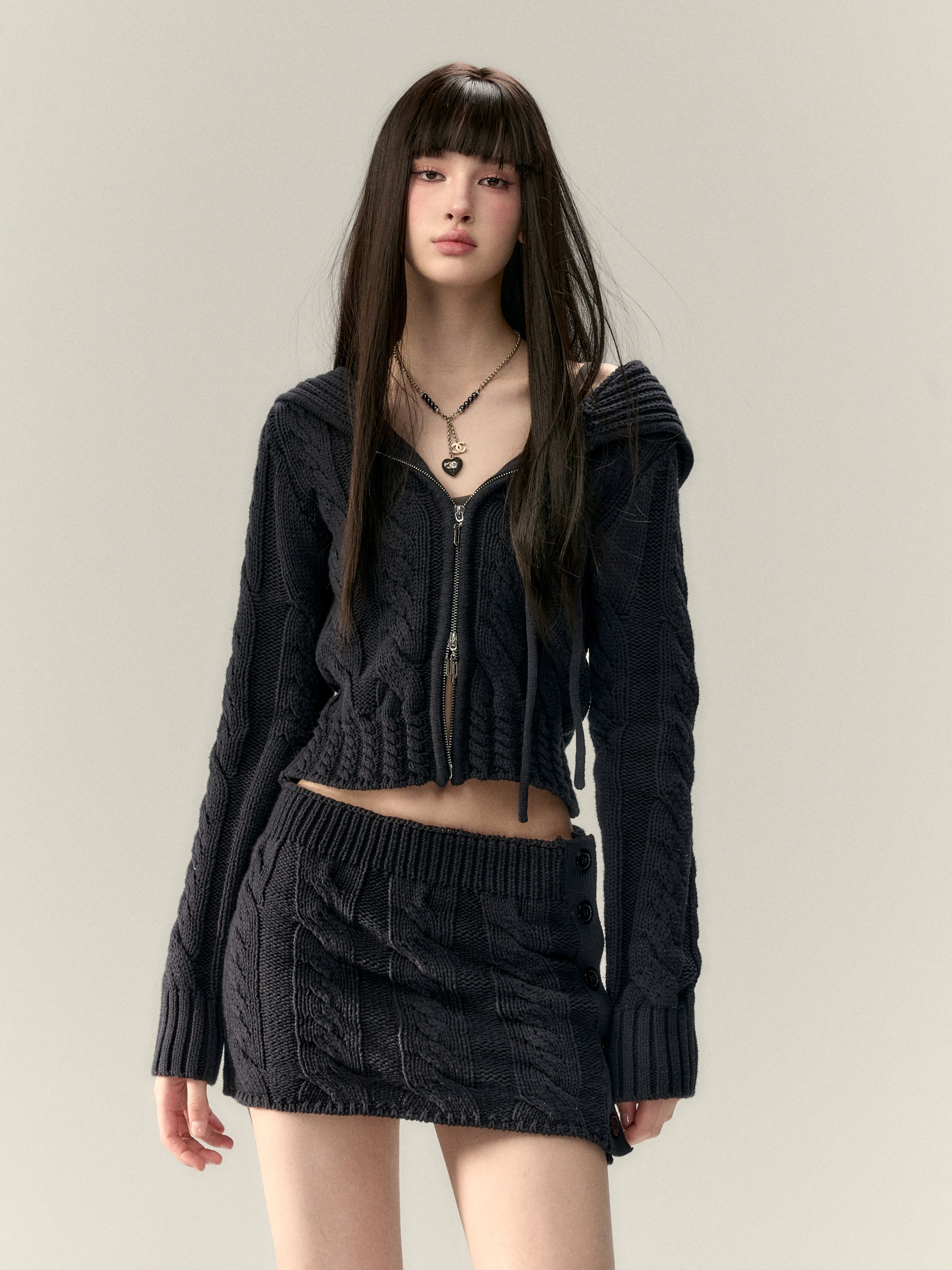 VIA PITTI V25AK087 Hat wool cardigan + button wool skirt suit(2color)