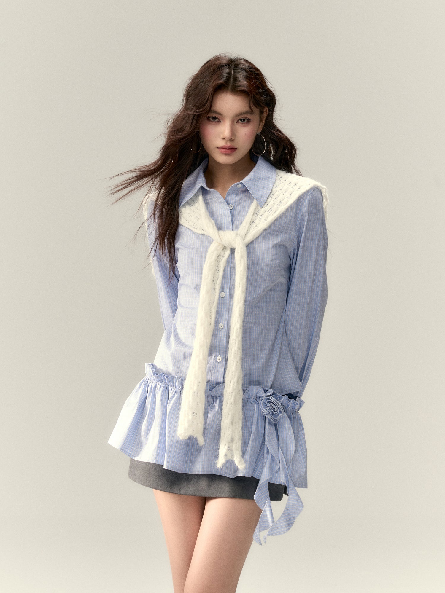 VIA PITTI V25ATP018 Rose brooch detachable two-wear shirt dress(2color)