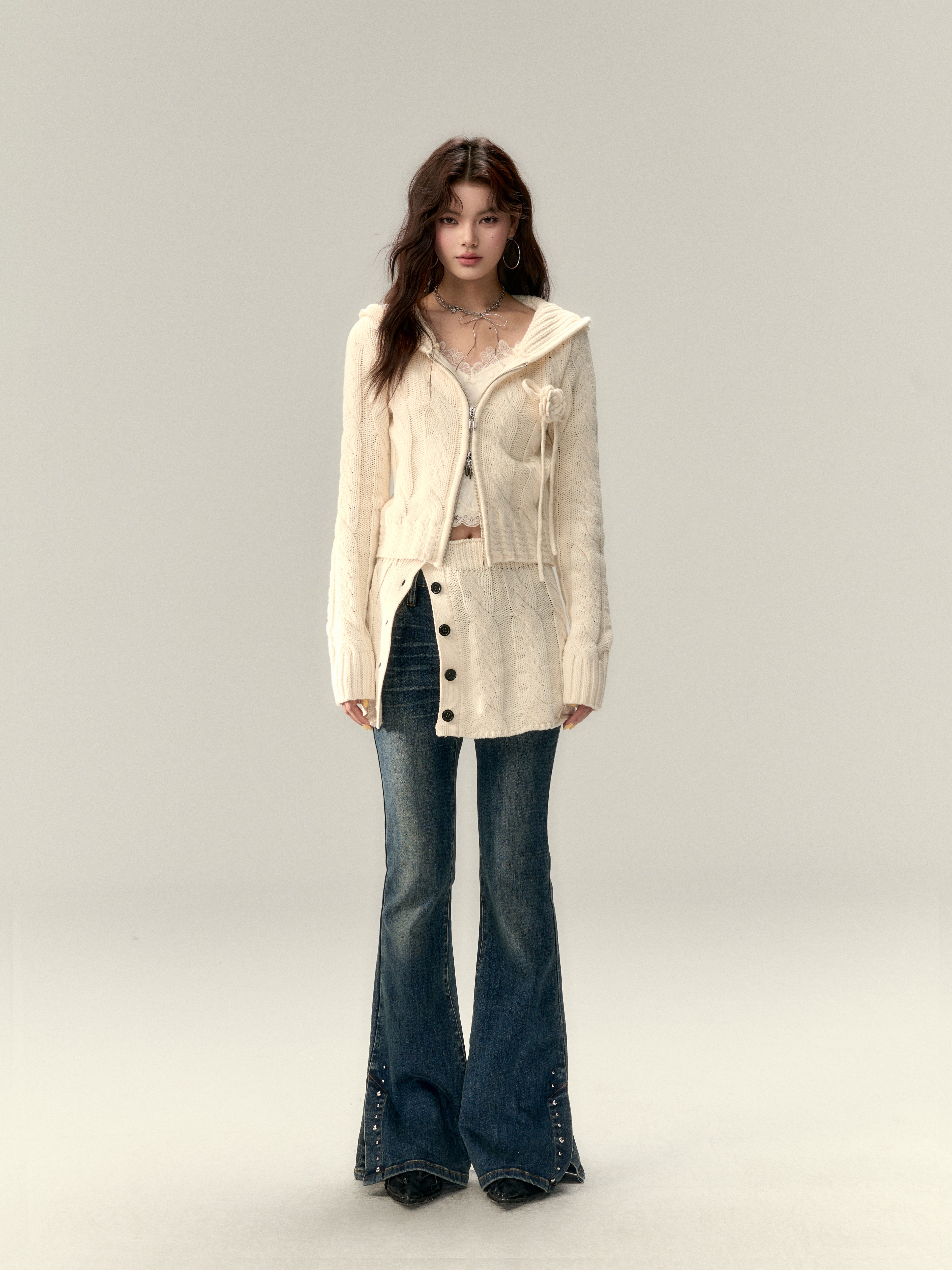 VIA PITTI V25AK087 Hat wool cardigan + button wool skirt suit(2color)