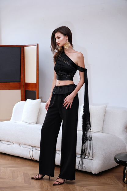 SHEERLUCK SLKZ25201 Bow hanging slim fit pants (2color)