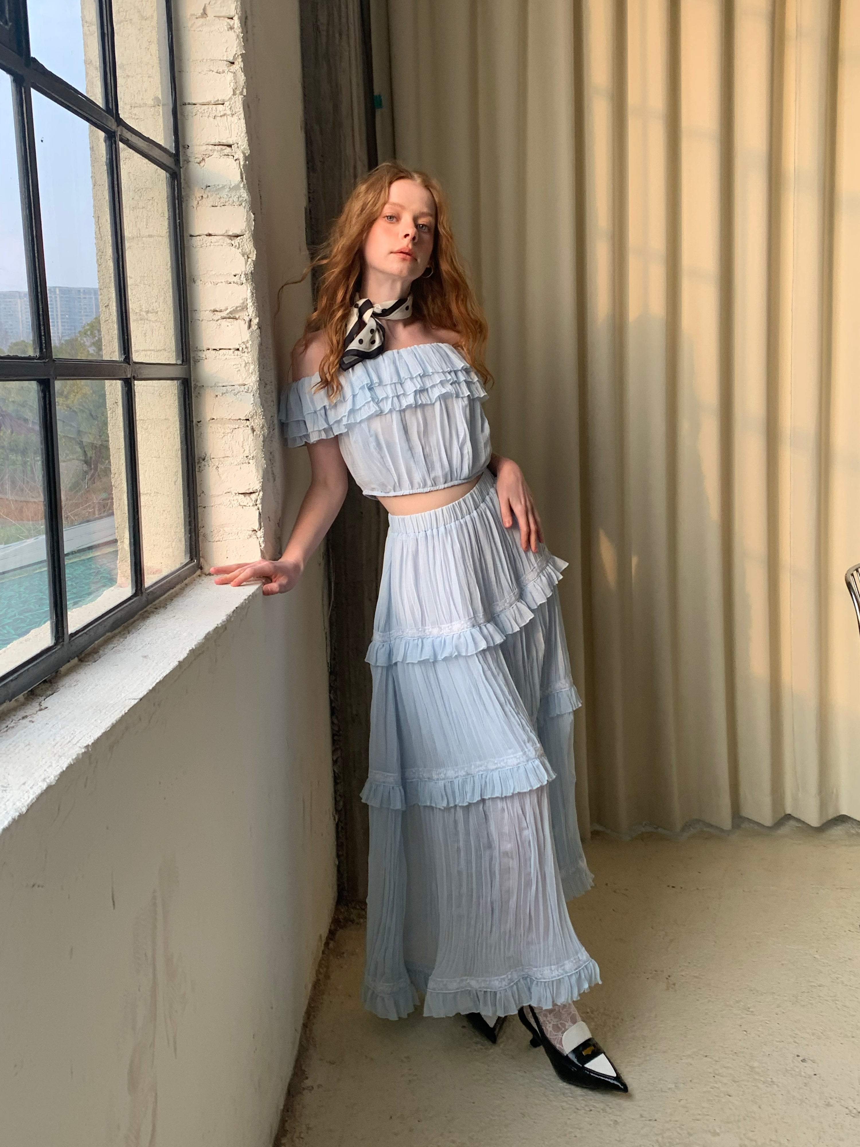 Lafreedom LAC350303&amp;LAC350304 Bohemian vacation off shoulder top + skirt set (2color)