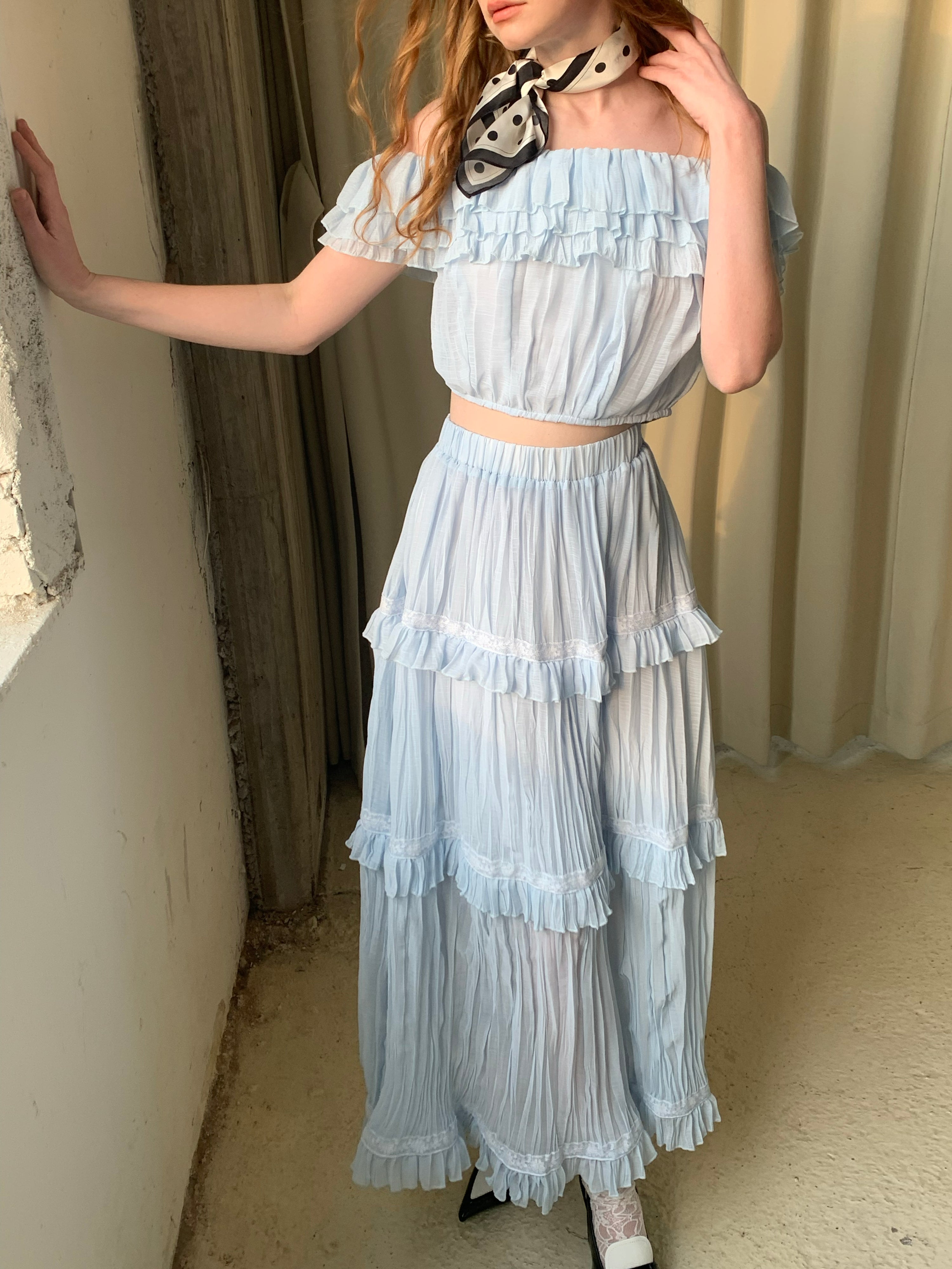 Lafreedom LAC350303&amp;LAC350304 Bohemian vacation off shoulder top + skirt set (2color)