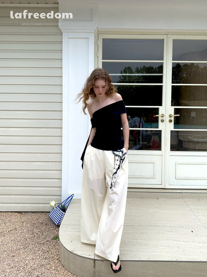 Lafreedom LAF350404 Light yellow casual wide leg pants
