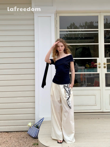 Lafreedom LAF350404 Light yellow casual wide leg pants