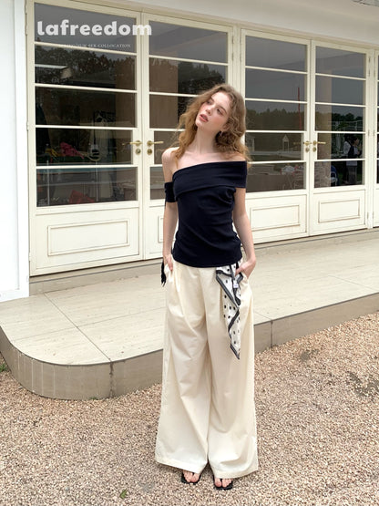 Lafreedom LAF350404 Light yellow casual wide leg pants