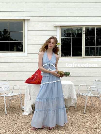 Lafreedom LAC350408&amp;LAC350409 Vacation style halter neck top+lace patchwork skirt (2color)