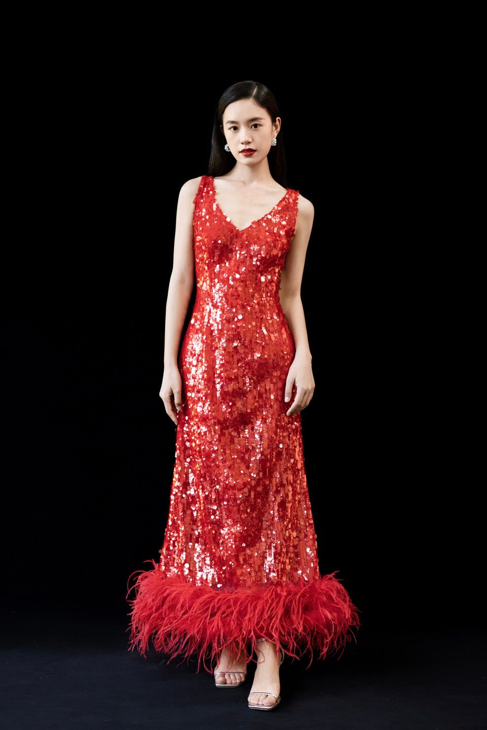 GORGEOUS Sparkling feather suspender maxi dress