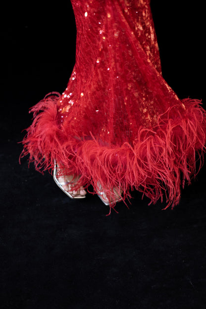 GORGEOUS Sparkling feather suspender maxi dress