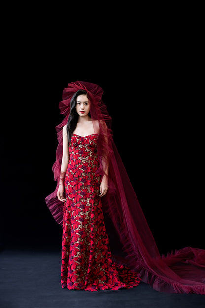 GORGEOUS Red flower lace strapless maxi dress