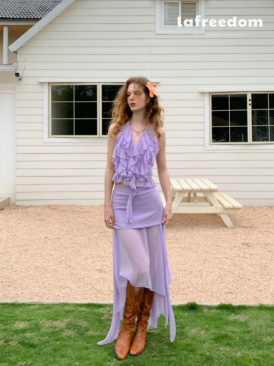 Lafreedom LAC350513&LAC350514 Halter neck lace chiffon top + skirt set