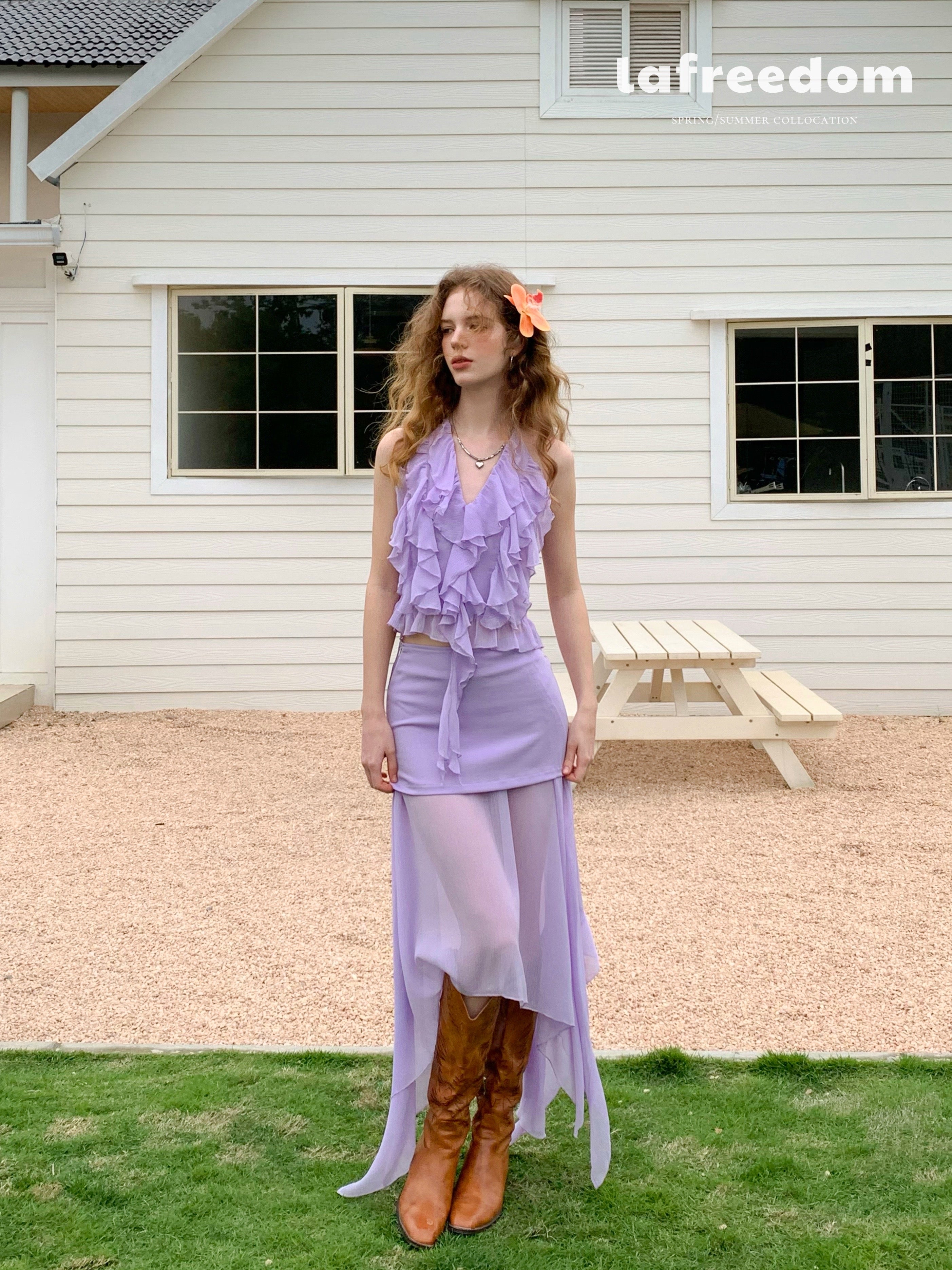 Lafreedom LAC350513&amp;LAC350514 Halter neck lace chiffon top + skirt set