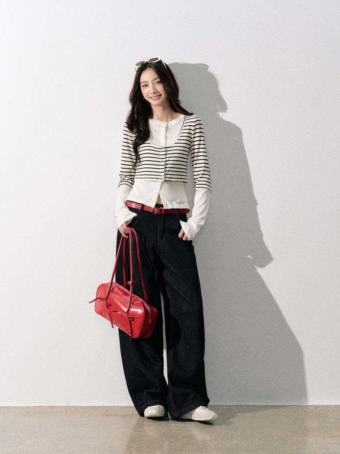 Lafreedom LAF350808 Splicing fake two striped long sleeves top