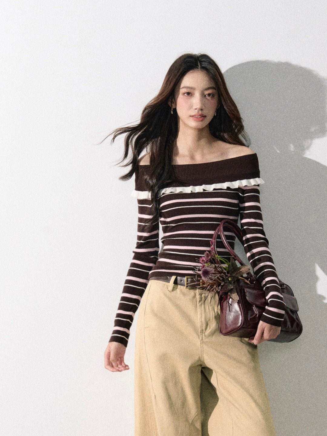 Lafreedom LAF350820&amp;LAF350821 Off shoulder round neck knitted top + pants set