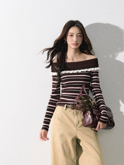 Lafreedom LAF350820&amp;LAF350821 Off shoulder round neck knitted top + pants set